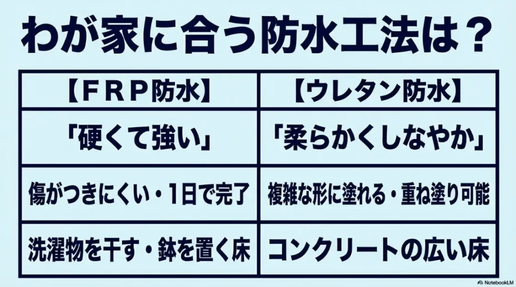 FRP防水とウレタン防水の比較表。特徴、メリット、適した用途（洗濯物を干す床か、広いコンクリート床か）の違いを解説。