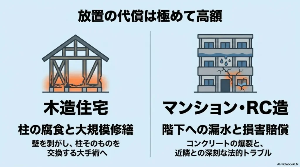 FRP防水のメリット。圧倒的な強度と耐衝撃性、そして最短1〜2日で完了する工期の短さを紹介する比較スライド。