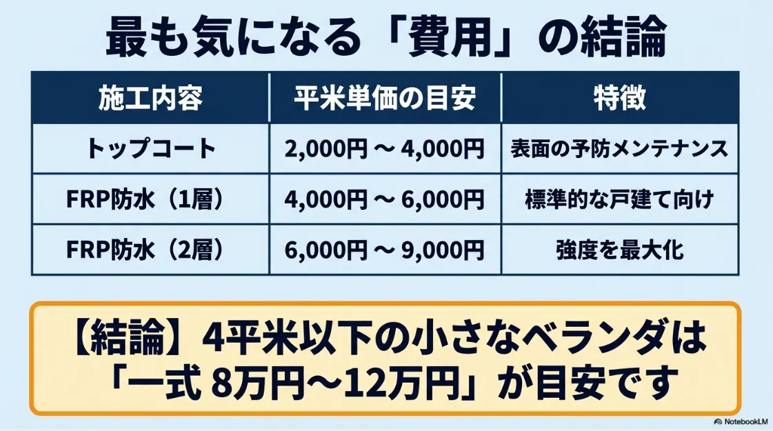 FRP防水の施工内容別の平米単価表。トップコート、1層、2層の費用目安と4平米以下の概算費用を記載。