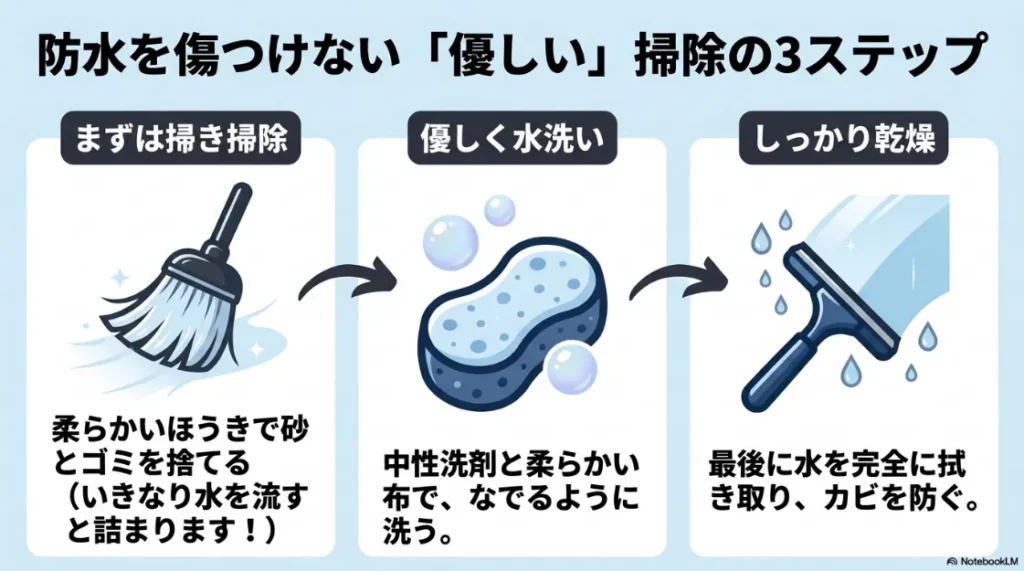 防水層を傷めない「掃き掃除・水洗い・乾燥」の3ステップ掃除方法。