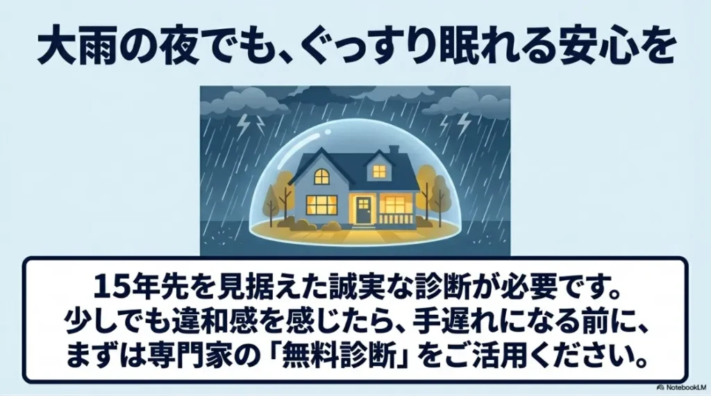 防水工事によって大雨の夜でも安心して眠れる住まいのイメージ図。