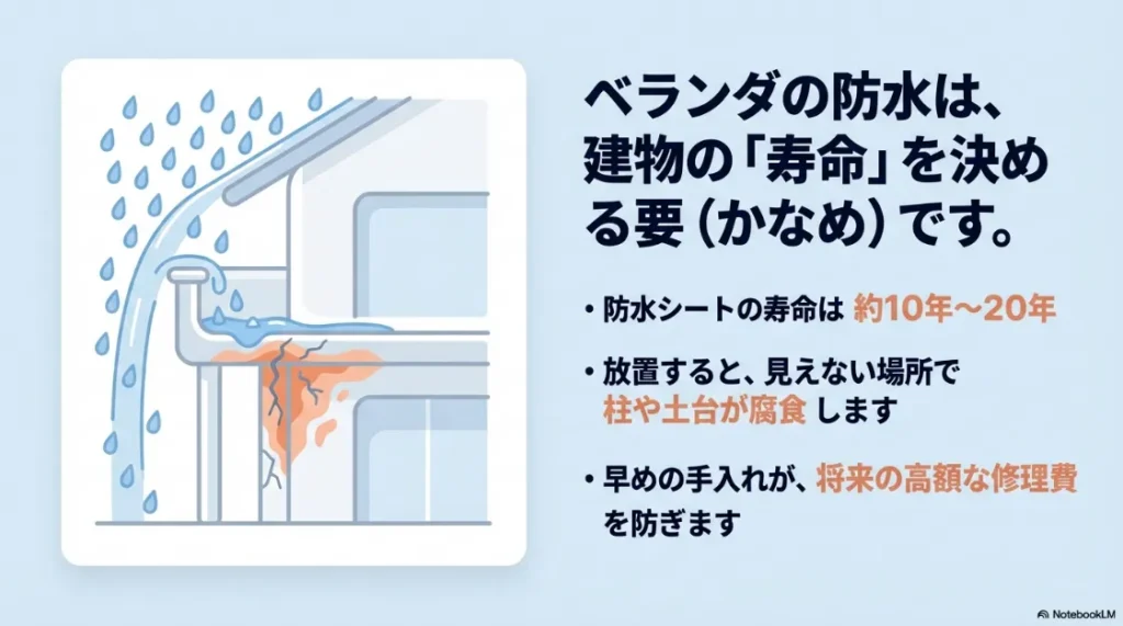 ベランダ防水が建物の寿命を決める要であることを説明する図解。放置による柱の腐食リスクと、早めの手入れの重要性。