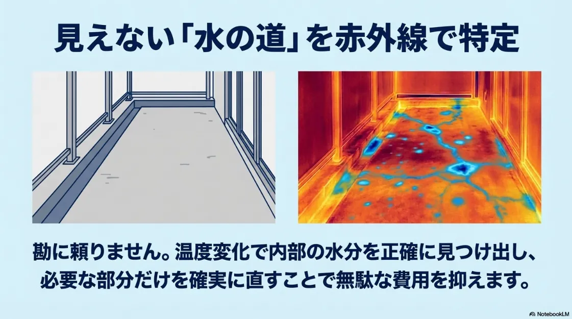 赤外線サーモグラフィを使用して、目に見えないベランダ内部の水分や「水の道」を温度変化で正確に特定している様子を写したスライド。