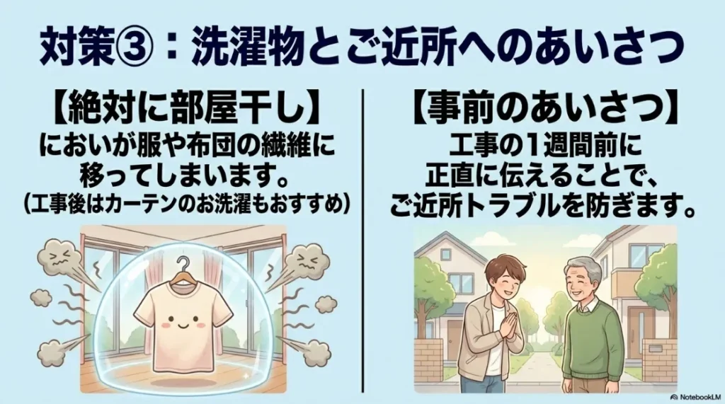 洗濯物の部屋干し徹底と、近隣トラブルを防ぐための工事1週間前からの挨拶の重要性