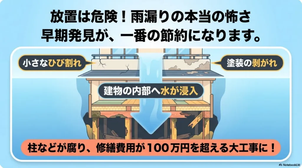 雨漏りの本当の怖さを解説。小さなひび割れや塗装の剥がれを放置すると、建物の内部が腐り修繕費が100万円を超えるリスクがあることを示す図。