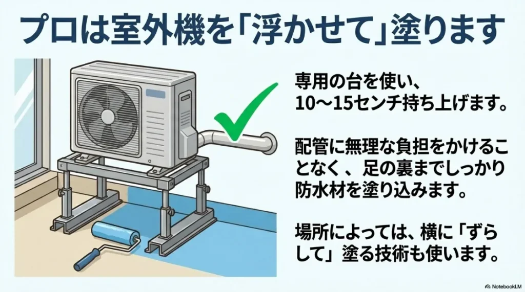 プロの技術による室外機の浮かせ作業のイラスト。専用台で10〜15センチ持ち上げ、配管に負担をかけず足元まで塗装。