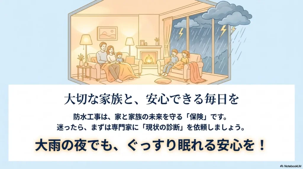 適切な防水工事を行うことで、大雨の夜でも安心して家族でくつろぐことができるイメージを描いた温かみのあるイラスト。