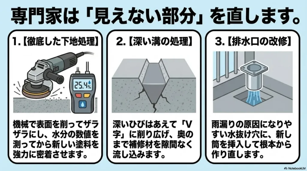 下地処理（目荒らし）、V字カット、排水口改修など、専門家が行う見えない部分の補修工程イメージ。