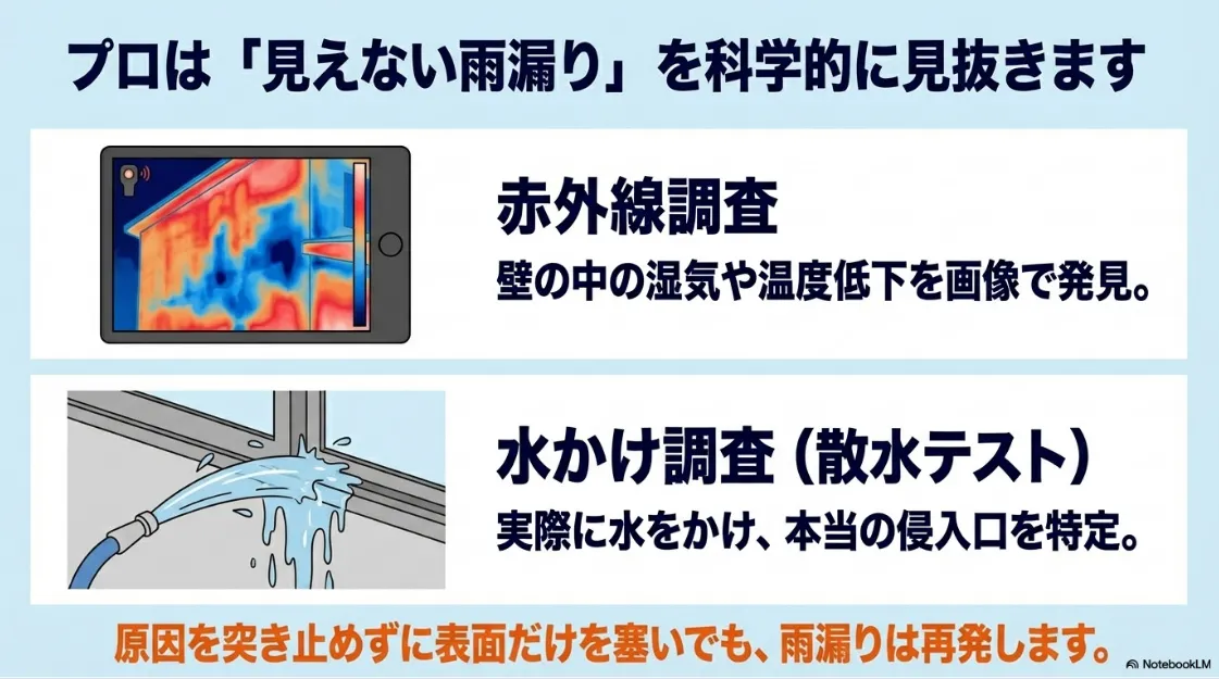 赤外線調査で壁の中の湿気を見つける様子と、水かけ調査（散水テスト）で侵入口を特定するプロの診断方法を紹介する図解