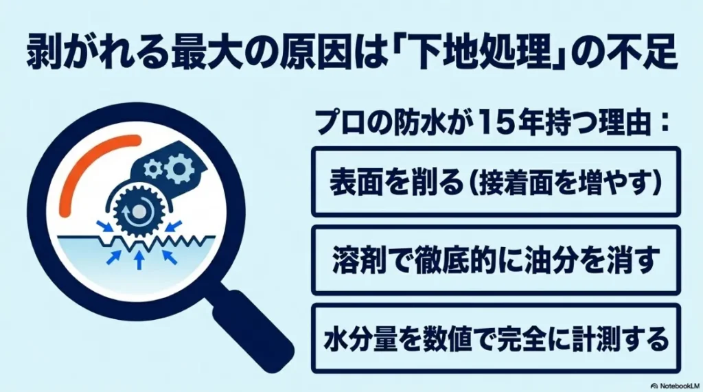 プロの防水が15年持つ理由として、サンディング（目荒らし）、溶剤による脱脂、数値による水分計測という徹底した下地処理を説明するスライド。