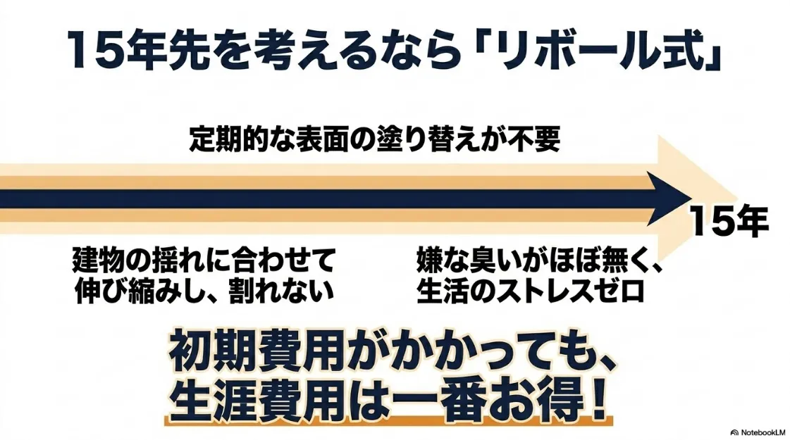 15年以上の長寿命を誇り、メンテナンスの手間や生活ストレスを抑えられるリボール式防水の4つの大きなメリットをまとめたスライド。