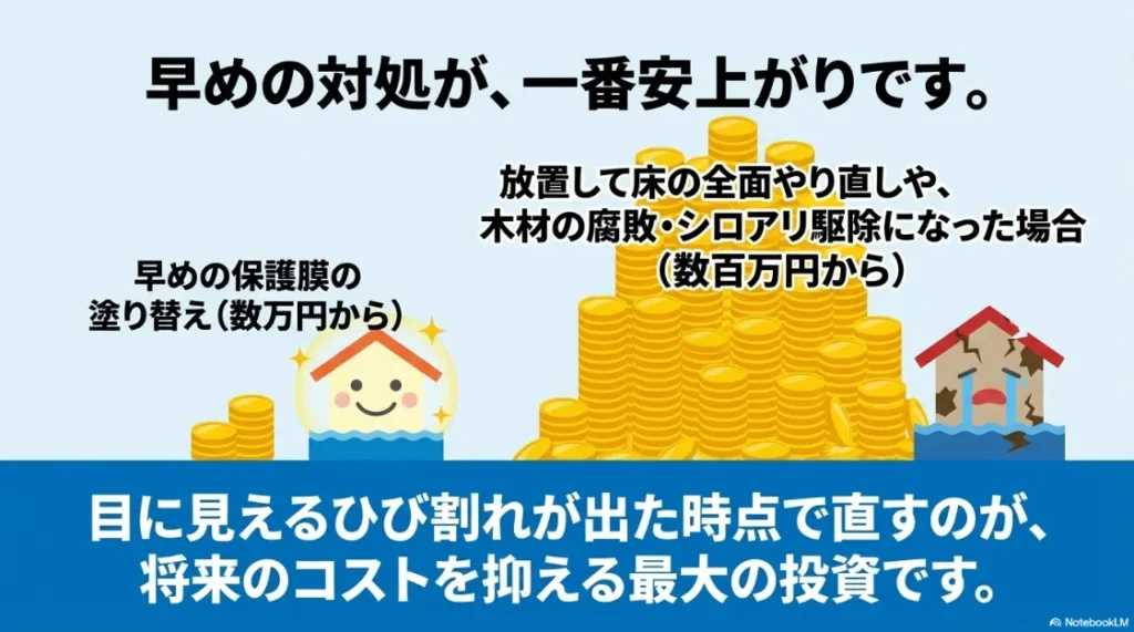 早めの塗り替え（数万円〜）と、放置後の大規模修繕（数百万円〜）の費用差を示すコスト比較図。