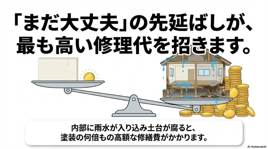 外壁メンテナンスの先延ばしによる腐食と高額な修繕費用のリスクを天秤で比較したイラスト