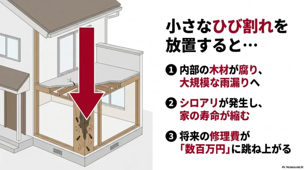 ベランダのひび割れから雨水が浸入し、内部の木材腐食やシロアリ被害を引き起こす家の構造イラスト。放置により将来の修理費が高騰するリスクを警告。
