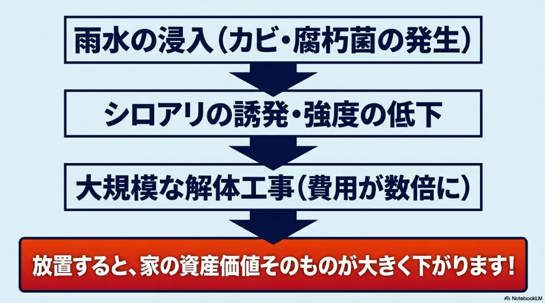 防水の剥がれを放置することで発生する、カビ・シロアリ・大規模な解体工事・資産価値の低下という4つの深刻なリスクをまとめたスライド。