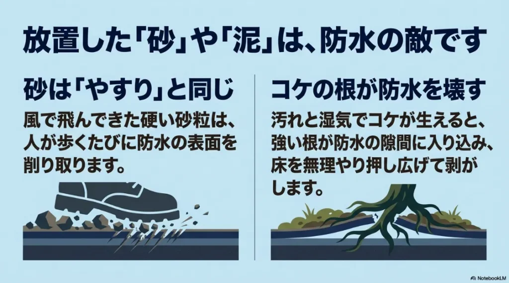 砂や泥がやすりのように防水層を削り、コケの根が防水層を破壊して剥がしていくメカニズムの解説。