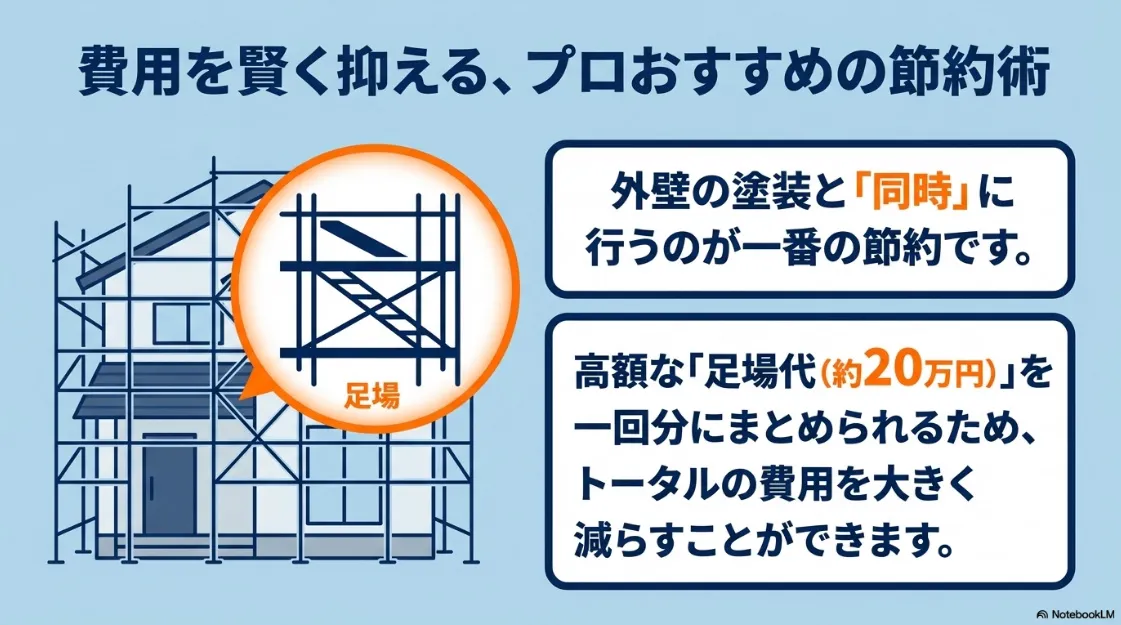 足場代を節約する方法。外壁塗装とベランダ防水を同時に行うことで約20万円の費用をまとめる