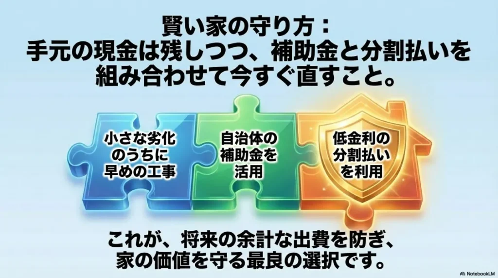 現金を残しつつ補助金と分割払いを活用して早期に外壁修理を行う賢い戦略のまとめ