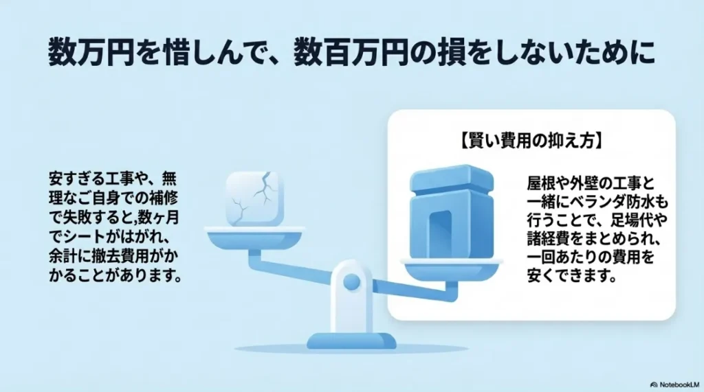 屋根や外壁工事と一緒にベランダ防水を行うことで、足場代や諸経費を節約する賢い費用の抑え方。