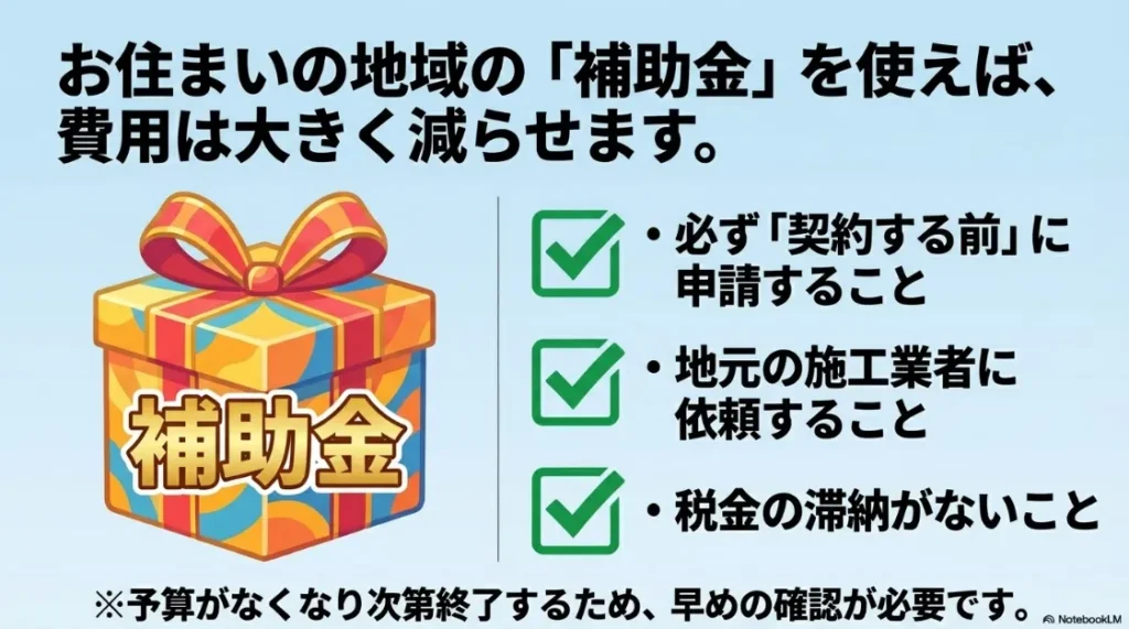 外壁塗装の補助金を活用するための3つの条件(契約前申請、地元業者、税金滞納なし)の解説