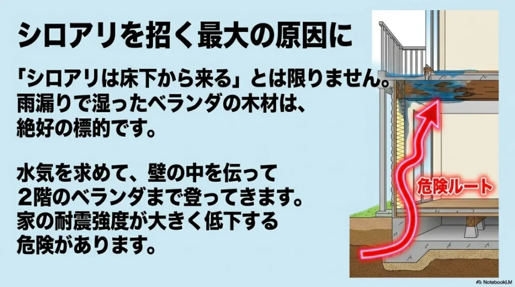 シロアリが湿ったベランダの木材を求めて、壁の中を伝って2階まで登ってくる「危険ルート」の解説図。