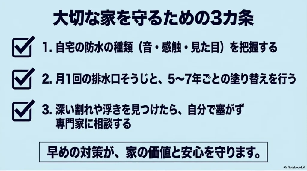 大切な家を守るための3カ条（防水種類の把握、月1清掃と5〜7年ごとの塗り替え、深い割れは専門家に相談）をまとめたリスト画像。