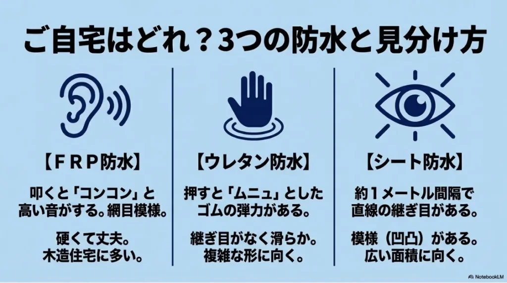 FRP防水、ウレタン防水、シート防水の3種類の見分け方を、音・感触・見た目の特徴（叩くと高い音、押すと弾力がある、継ぎ目がある等）で比較した表。