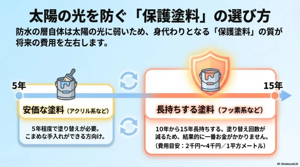 保護塗料（トップコート）の選び方。安価なアクリル系（5年）と、長持ちするフッ素系（15年）の耐久年数とコストパフォーマンスの比較。