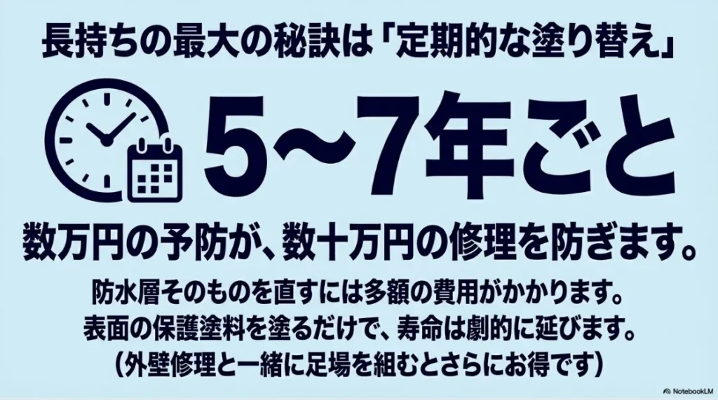 5〜7年ごとの定期的な塗り替え（トップコート）が、数十万円の修理費を防ぎ防水層の寿命を延ばす秘訣であることを示す時計とカレンダーのイラスト。