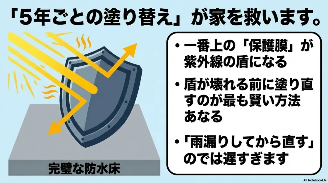 5年ごとの塗り替えでトップコートを「盾」として維持し、家を守る重要性を説明するスライド。