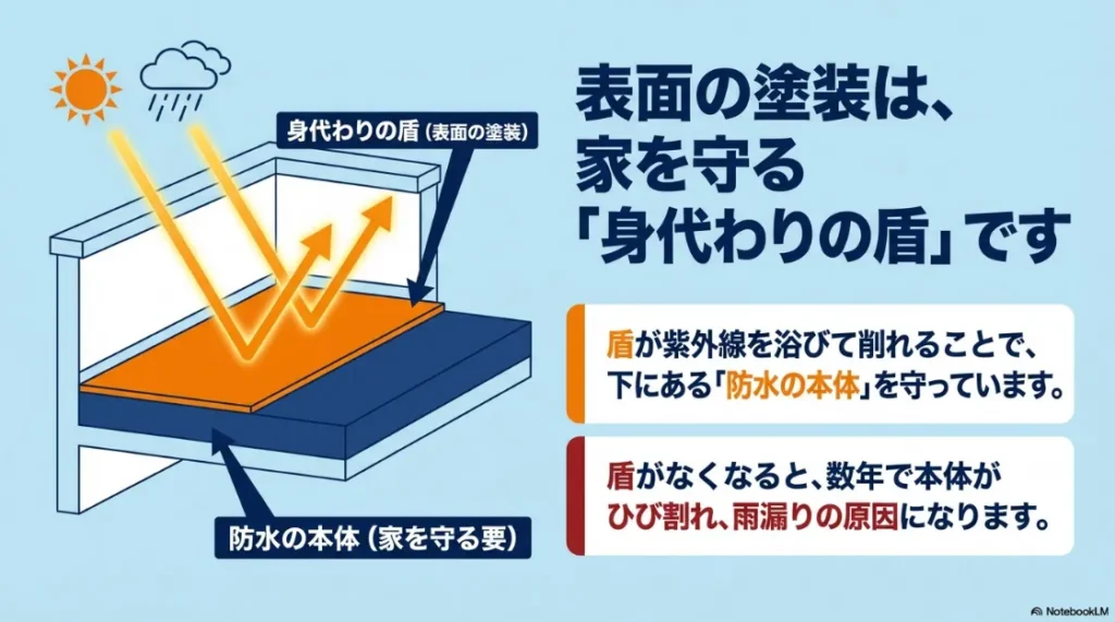 トップコート（表面塗装）が身代わりの盾となり、紫外線から防水の本体を守る仕組みの図解