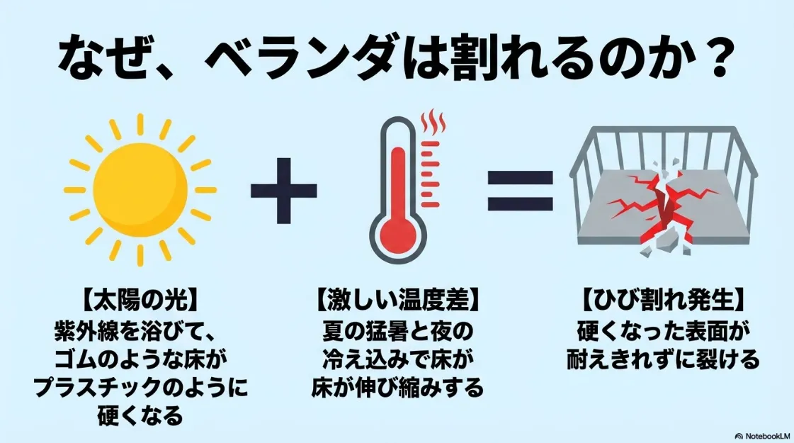 紫外線による防水層の硬化と、激しい温度差による伸縮が重なってひび割れが起きる仕組みの解説図。