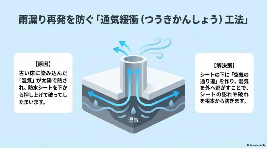 雨漏り再発を防ぐ「通気緩衝工法」の仕組み。湿気を逃がして防水シートの膨れや破れを防ぐ図解。