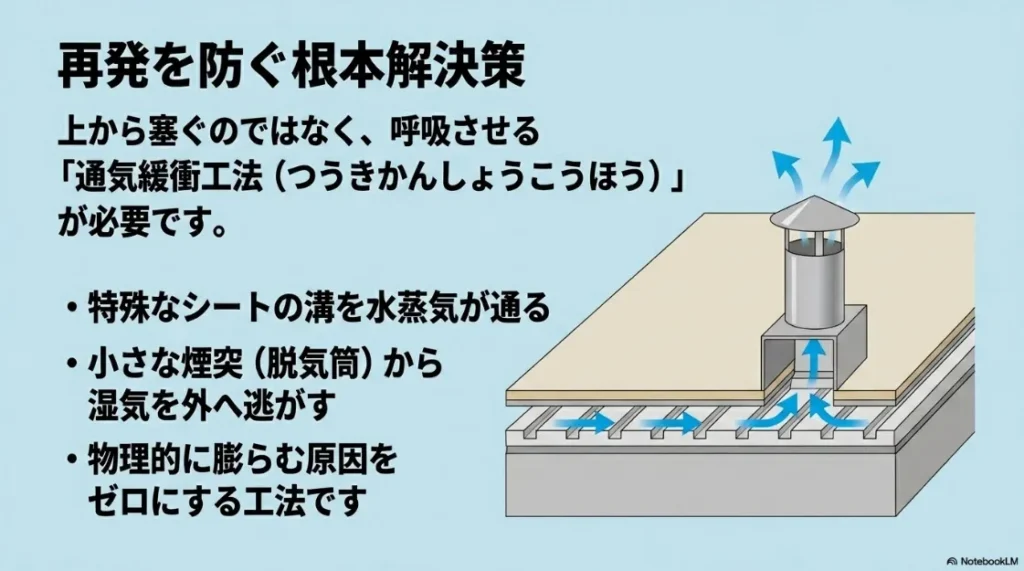 通気緩衝シートの溝を水蒸気が通り、脱気筒から湿気を逃がすことで再発を防ぐ「通気緩衝工法」の構造図。