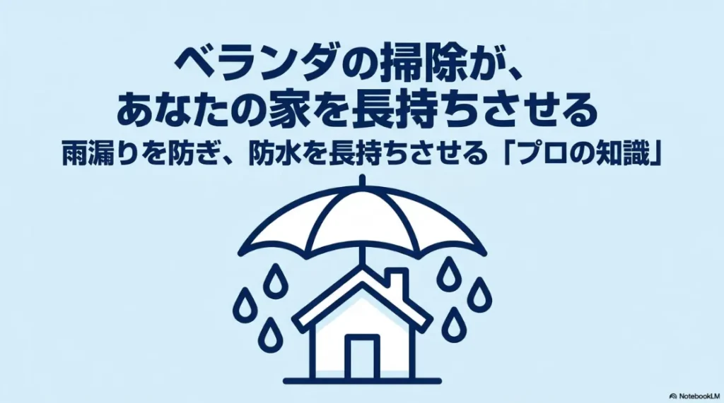 ベランダ掃除で家を守るためのプロの知識。雨漏りを防ぎ、防水を長持ちさせる方法についてのタイトル画像。
