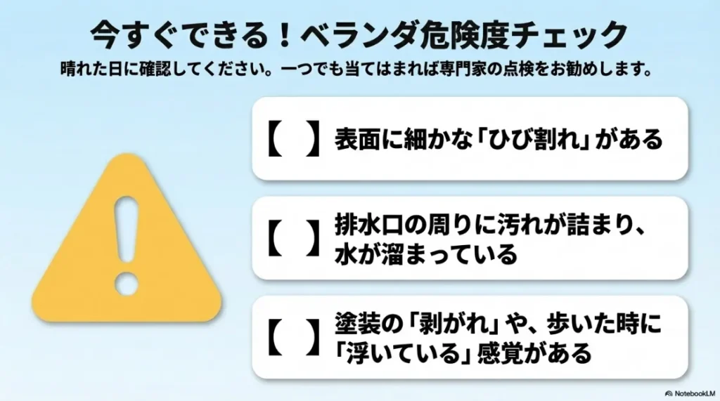 ベランダ危険度チェックリスト。ひび割れ、排水口の詰まり、塗装の剥がれなど、専門家への点検依頼が必要なサインを確認。