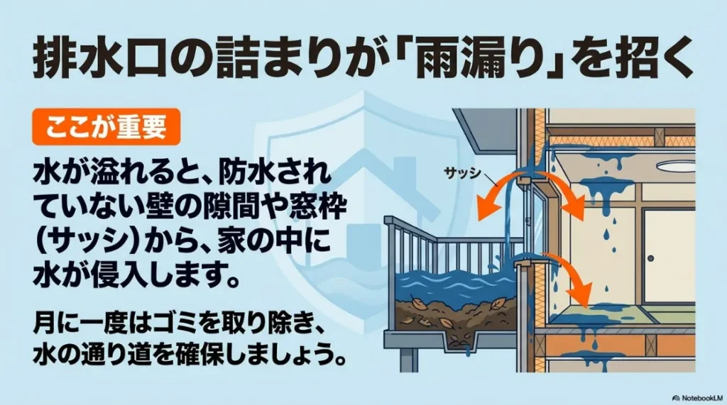 ベランダの排水口が詰まることで水位が上がり、防水されていない壁やサッシから雨漏りが発生する図解。