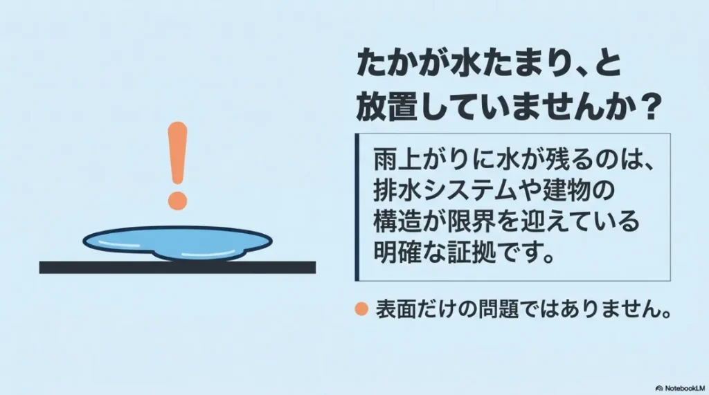 ベランダに水が溜まる3つの主な原因（排水口の詰まり、勾配不良、防水層の経年劣化）をまとめた図解スライド。