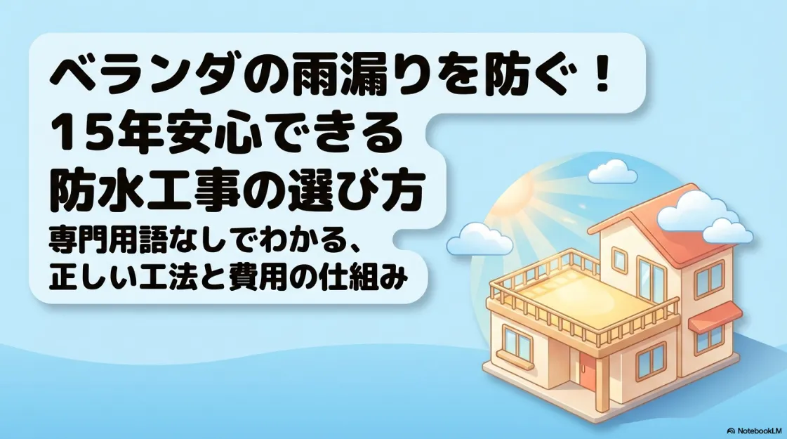 ベランダの雨漏りを防ぐ！15年安心できる防水工事の選び方の表紙。専門用語なしでわかる工法と費用の仕組み。