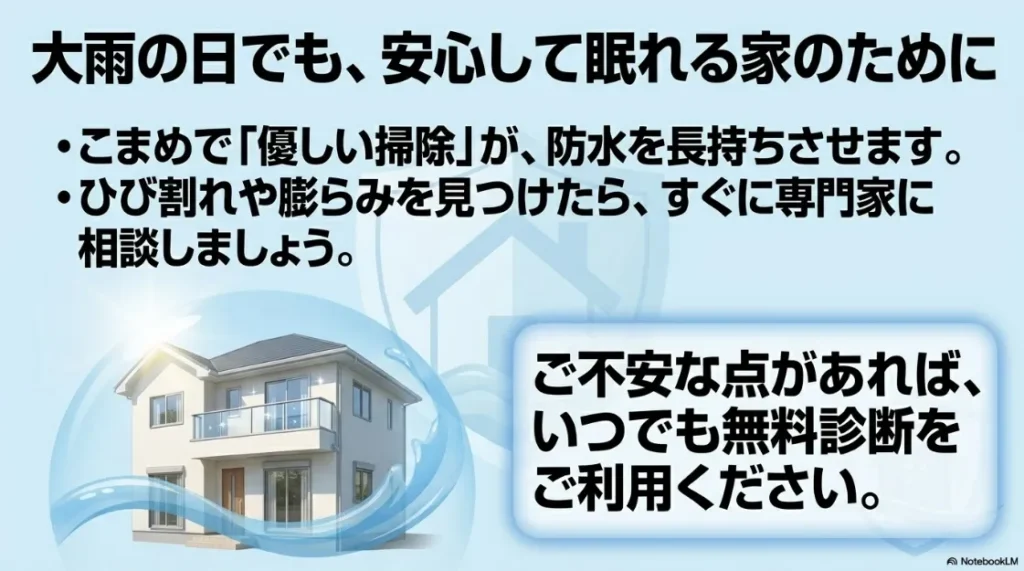安心して眠れる家のために、優しい掃除の実践と無料診断の案内。