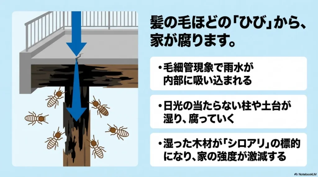 髪の毛ほどのひびから雨水が浸入し、内部の木材が腐食してシロアリが発生するメカニズムの図解。
