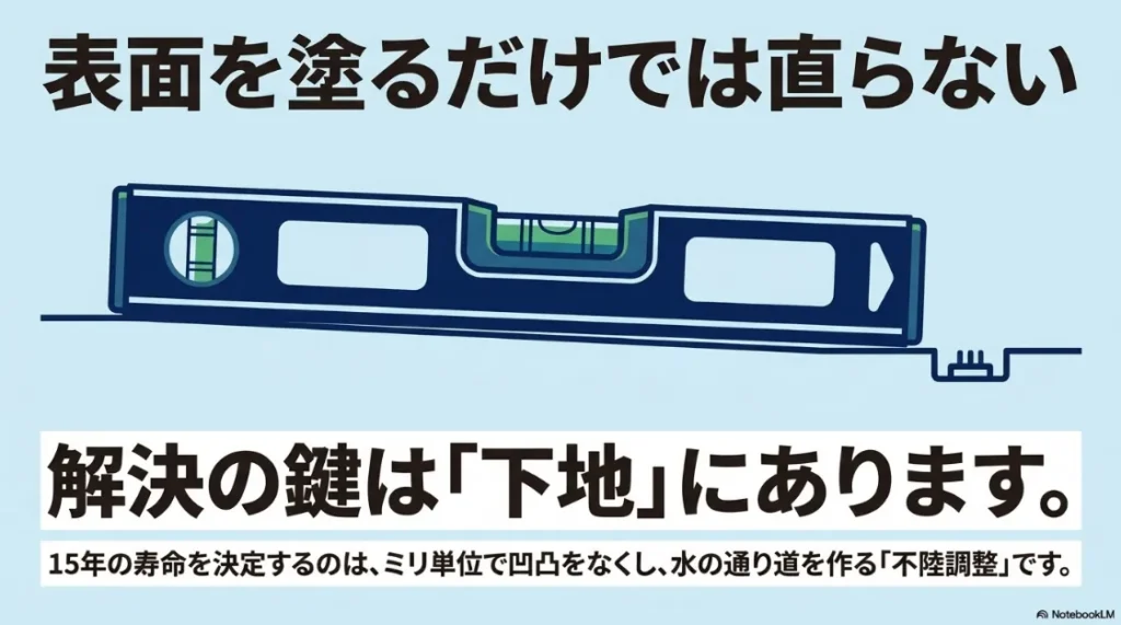 防水工事の寿命を左右する下地作りの解説。不陸調整と水準器を用いた精密な傾斜作りのビフォーアフターイメージ。