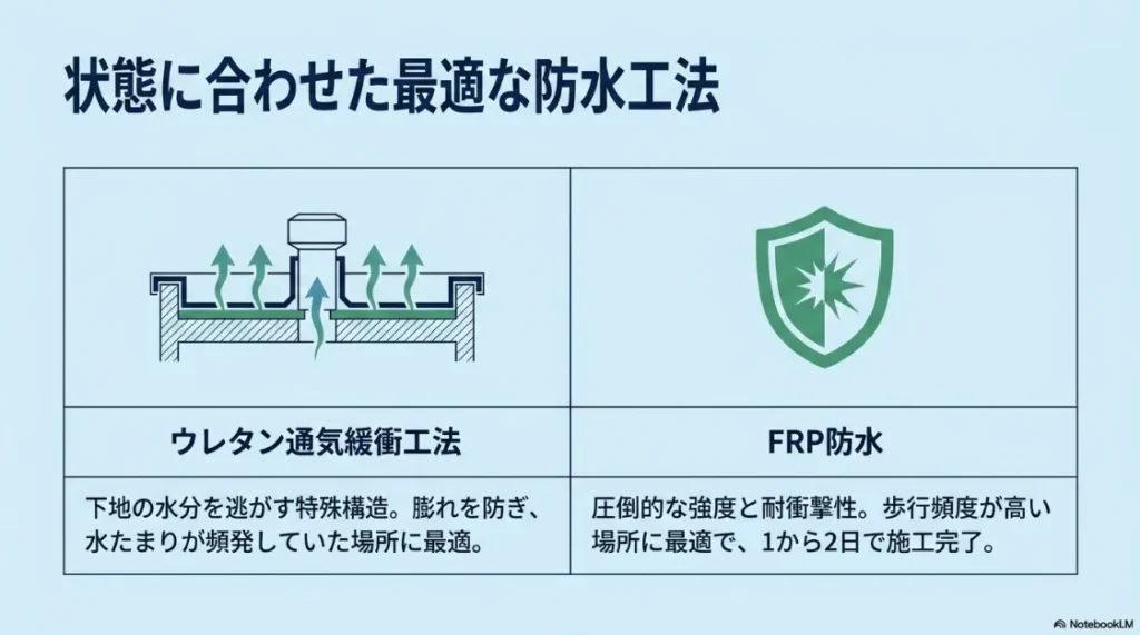 防水工事の費用構造の比較図。中間マージンの有無によるコストの違いと、専門業者による直接施工のメリット。