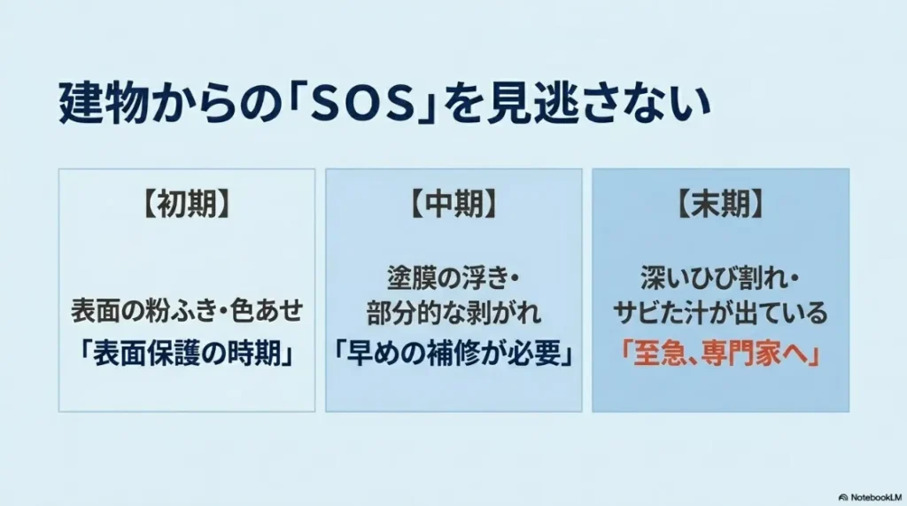 初期・中期・末期に分けたベランダの防水劣化サインと補修の緊急度
