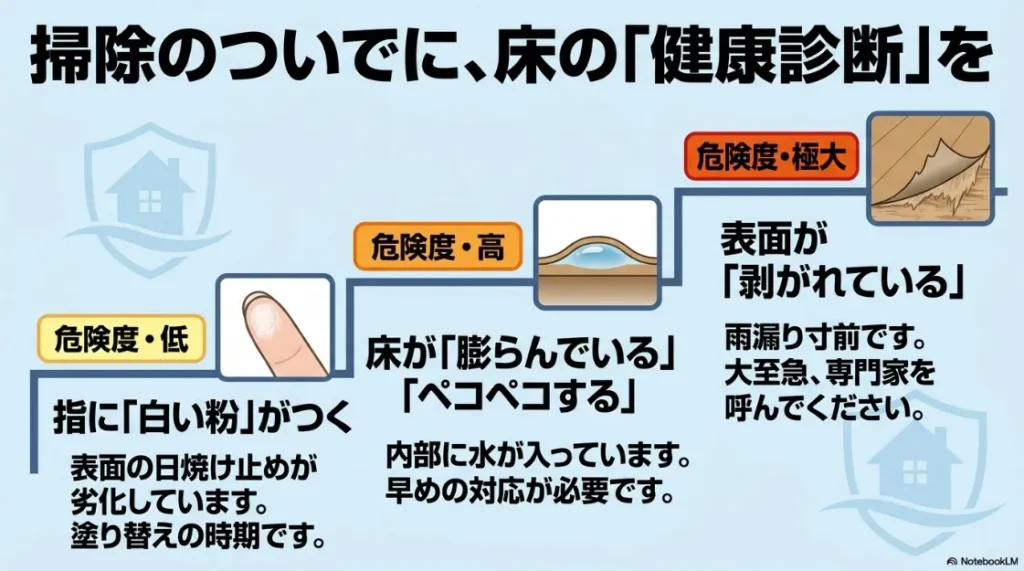 白い粉、床の膨らみ、表面の剥がれなど、防水層の危険度別劣化サインのチェックリスト。 