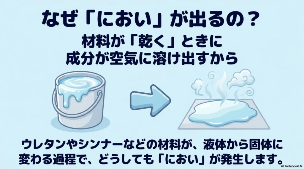防水材料が乾く際に成分が空気中に溶け出し、液体から固体に変わる過程でにおいが発生する仕組みの図解