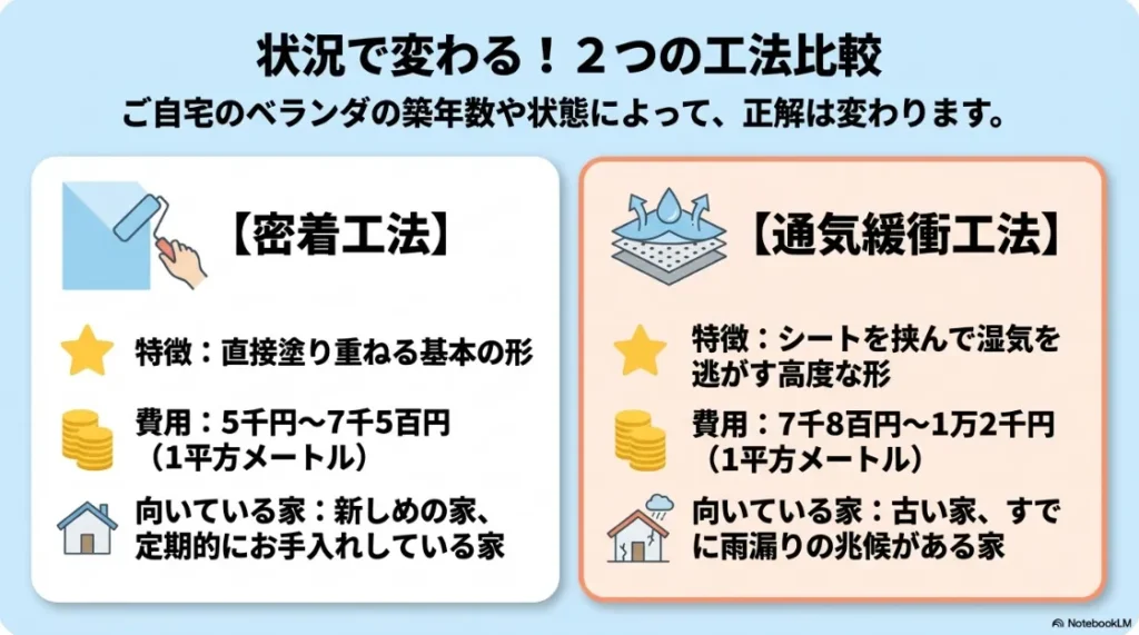密着工法と通気緩衝工法の比較表。それぞれの費用目安と、新しめの家、古い家など向いている家の特徴を解説。