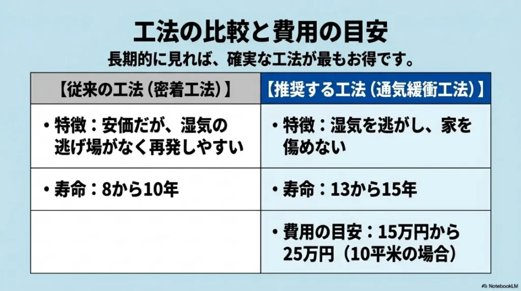 従来の密着工法と推奨する通気緩衝工法の、特徴・寿命・費用目安（15〜25万円）を比較した一覧表。