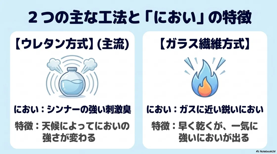 ウレタン防水（シンナーの刺激臭）とFRP防水（ガスに近い鋭いにおい）の工法別におい比較表