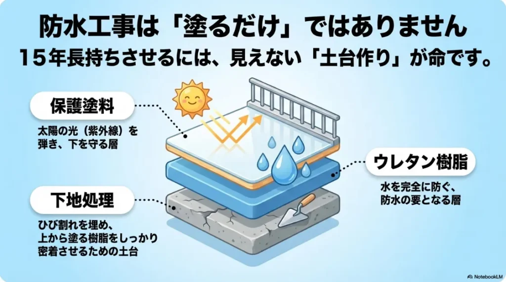 防水工事の3層構造の図。保護塗料、ウレタン樹脂、下地処理の3つが揃うことで15年長持ちする土台作りができることを説明。